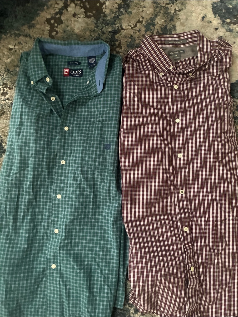 Chaps Green Plaid Buttondown and Eddie Bauer Men's Red Plaid Button-Down Shirt